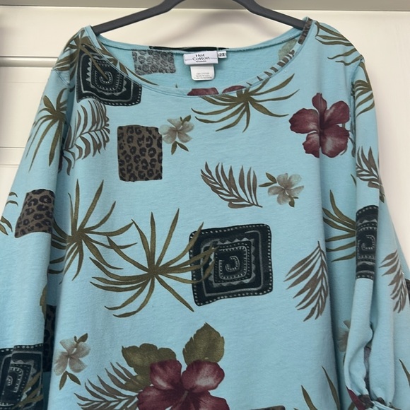 Rolled Hem Light Teal Floral Top 3/4 Sleeves Side Tie 100% Cotton Women’s 2X - Picture 4 of 12